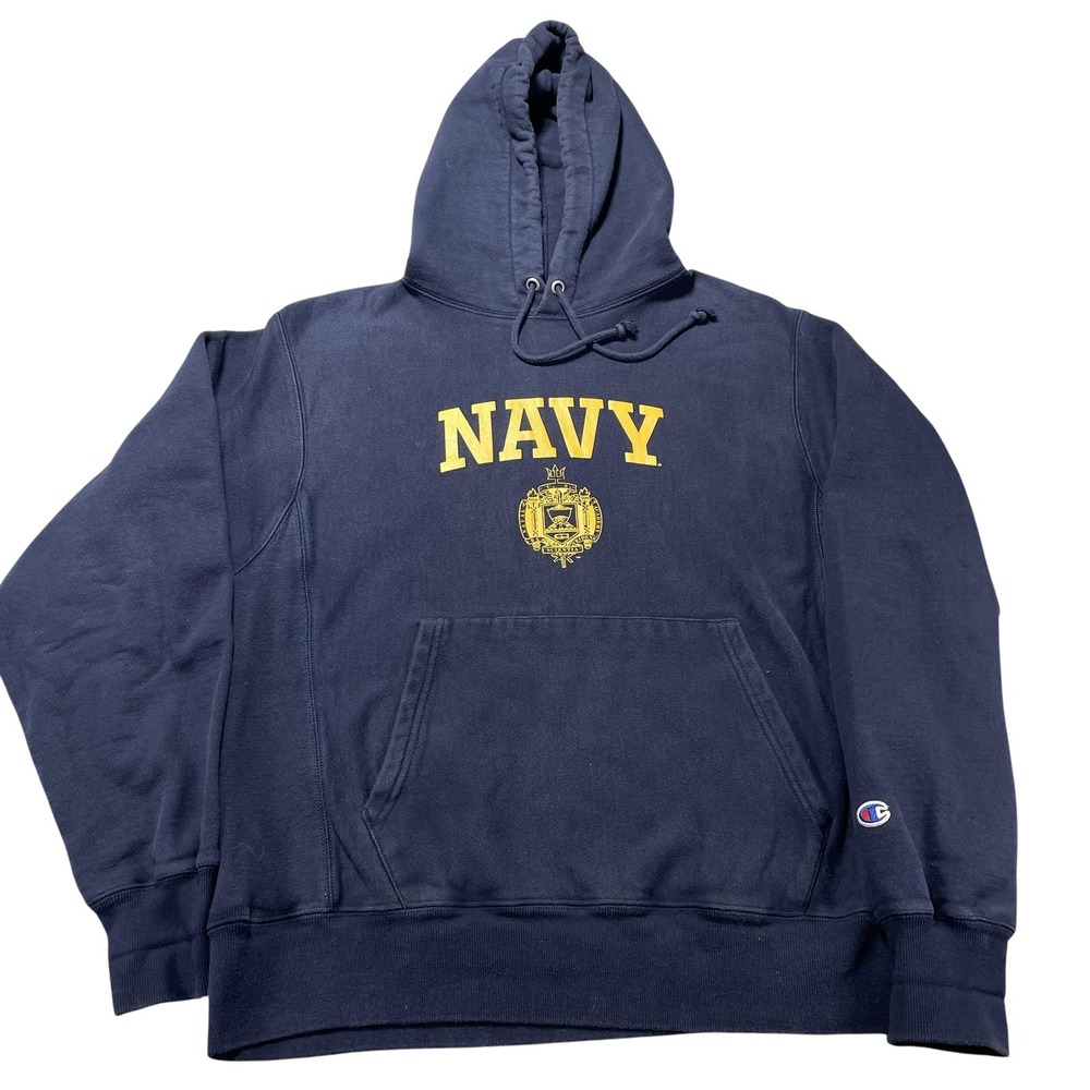 Champion‎ Reverse Weave Hoodie Mens Medium Blue NAVY Crest Fleece Sweatshirt